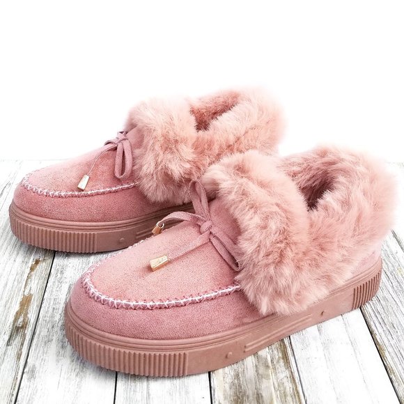 Shoes - New Blush Pink Furry Moccasin Slip on Slipper Loafers